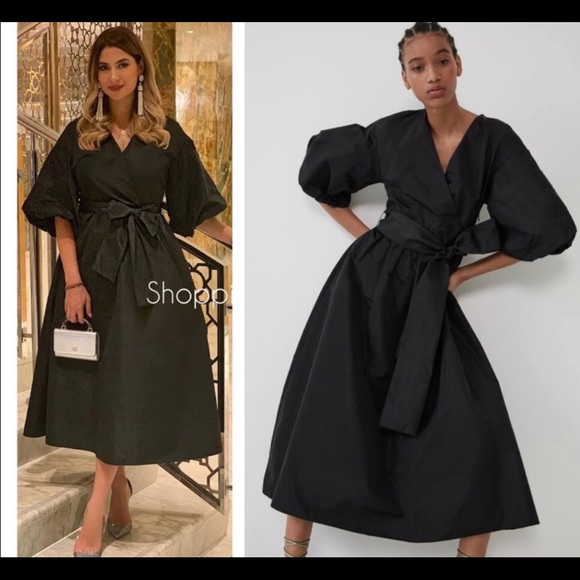 midi dress with voluminous sleeves